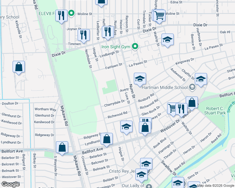 map of restaurants, bars, coffee shops, grocery stores, and more near 6399-6301 Ledbetter St in Houston