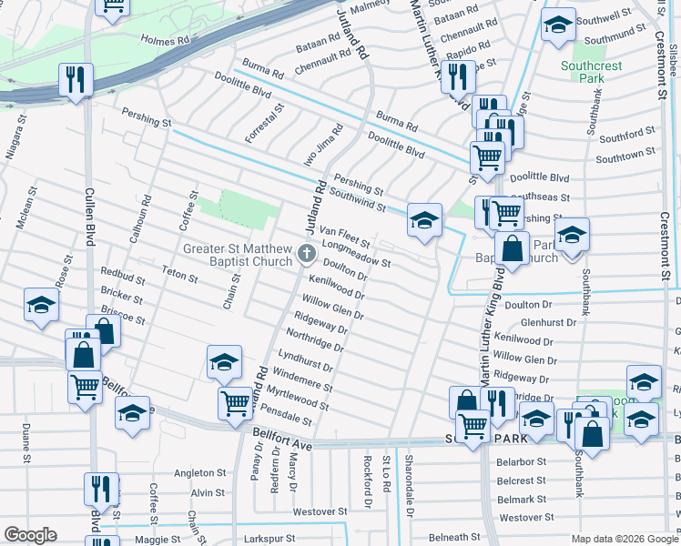 map of restaurants, bars, coffee shops, grocery stores, and more near 5125 Kenilwood Drive in Houston