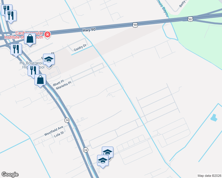 map of restaurants, bars, coffee shops, grocery stores, and more near 290 Rue Christe in Houma