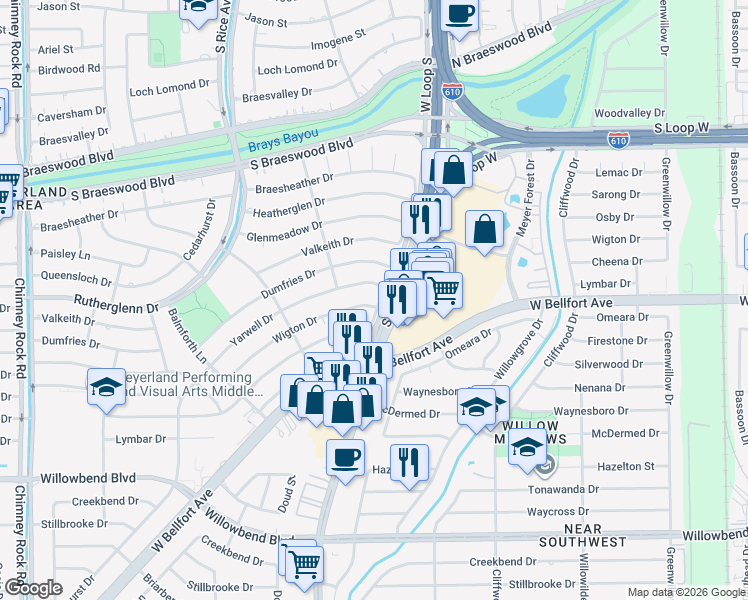 map of restaurants, bars, coffee shops, grocery stores, and more near 4902 Wigton Drive in Houston