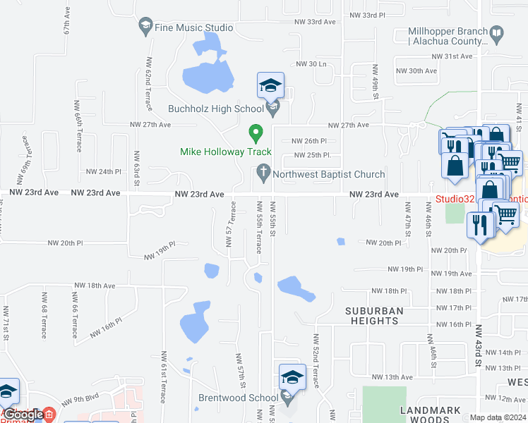 map of restaurants, bars, coffee shops, grocery stores, and more near 2221 Northwest 55 Terrace in Gainesville