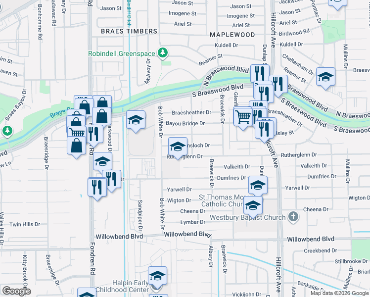 map of restaurants, bars, coffee shops, grocery stores, and more near 6211 Queensloch Drive in Houston