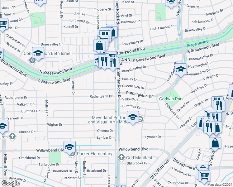 map of restaurants, bars, coffee shops, grocery stores, and more near 245 Chimney Rock Road in Houston