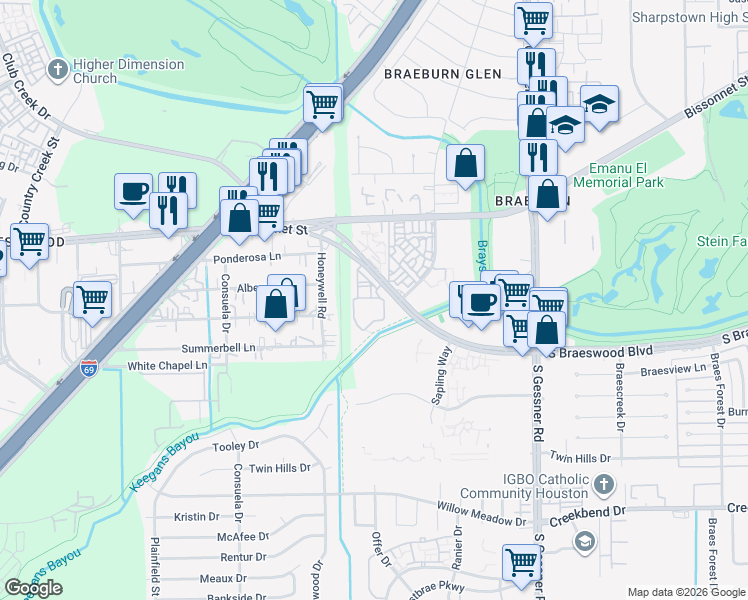 map of restaurants, bars, coffee shops, grocery stores, and more near 9001 South Braeswood Boulevard in Houston