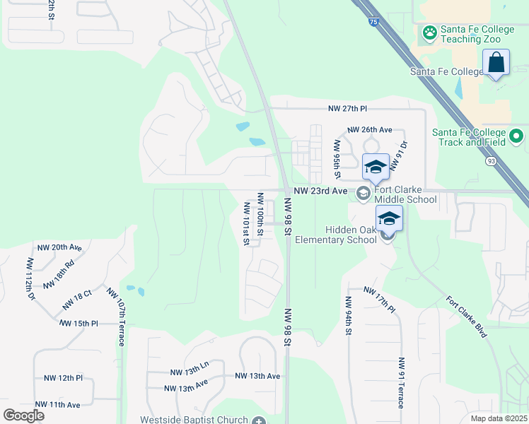 map of restaurants, bars, coffee shops, grocery stores, and more near 2169 Northwest 100th Street in Gainesville