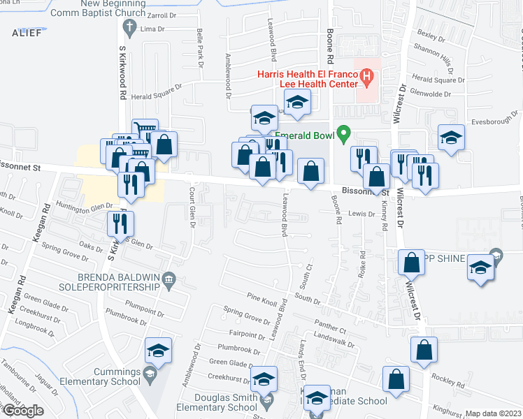 map of restaurants, bars, coffee shops, grocery stores, and more near 9700 Leawood Boulevard in Houston