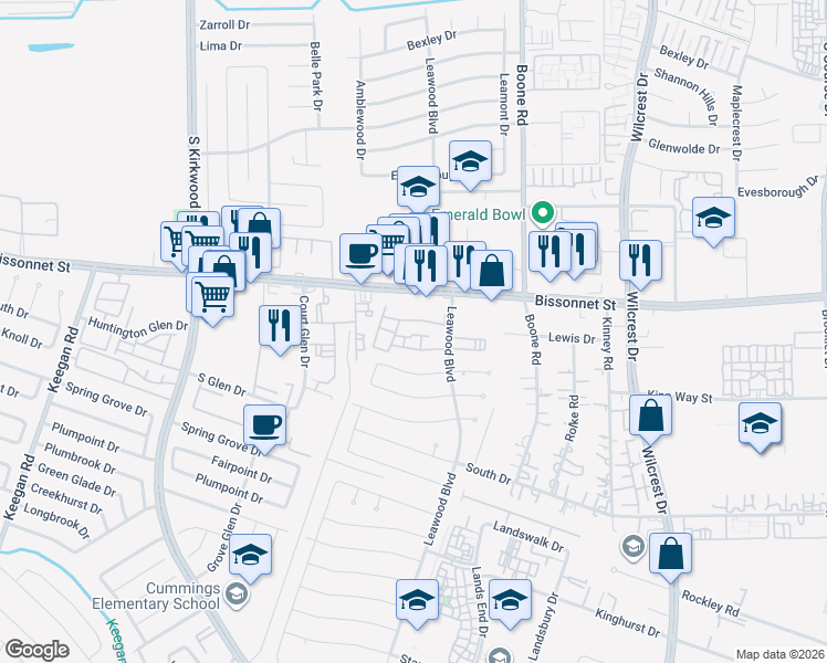 map of restaurants, bars, coffee shops, grocery stores, and more near 9700 Leawood Boulevard in Houston