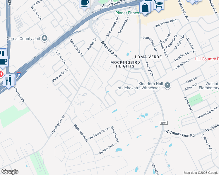 map of restaurants, bars, coffee shops, grocery stores, and more near 307 Snow Goose in New Braunfels