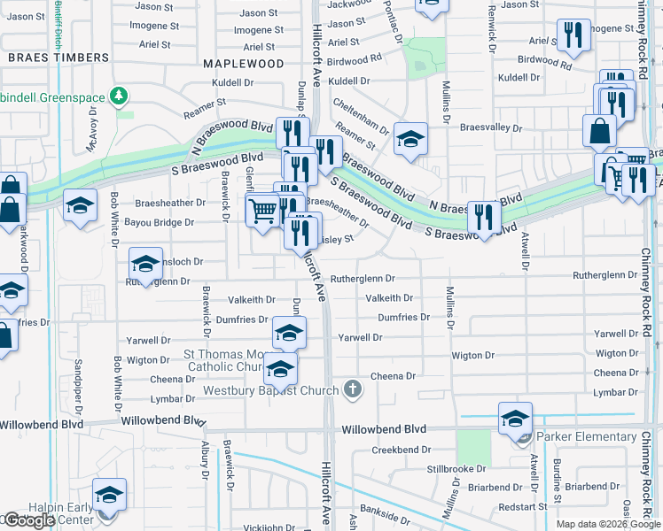 map of restaurants, bars, coffee shops, grocery stores, and more near 5830 Rutherglenn Drive in Houston