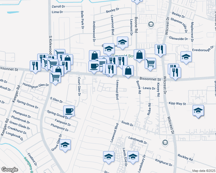 map of restaurants, bars, coffee shops, grocery stores, and more near 9700 Leawood Boulevard in Houston