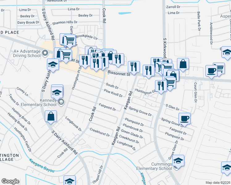 map of restaurants, bars, coffee shops, grocery stores, and more near 12110 Pine Knoll Drive in Houston