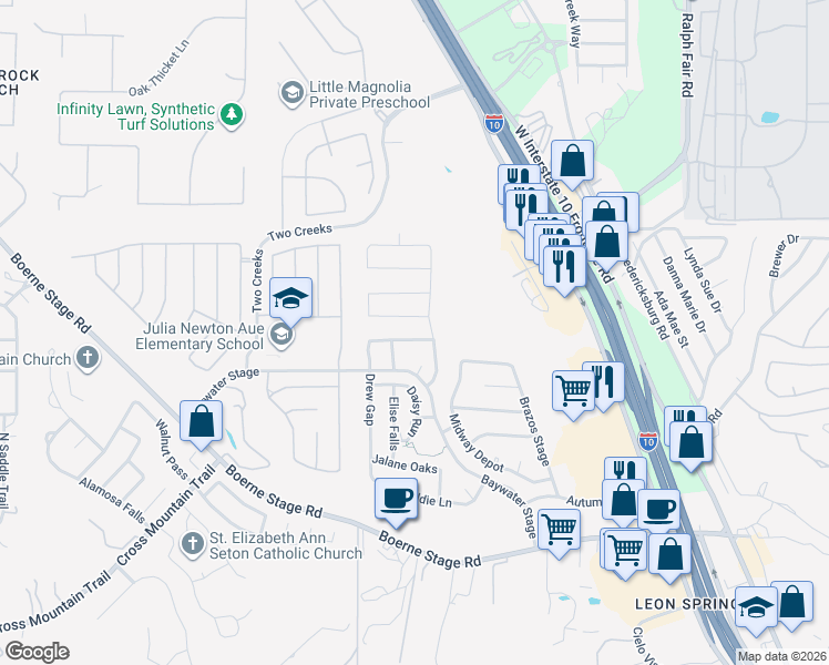map of restaurants, bars, coffee shops, grocery stores, and more near 8002 Cooper Pass in San Antonio