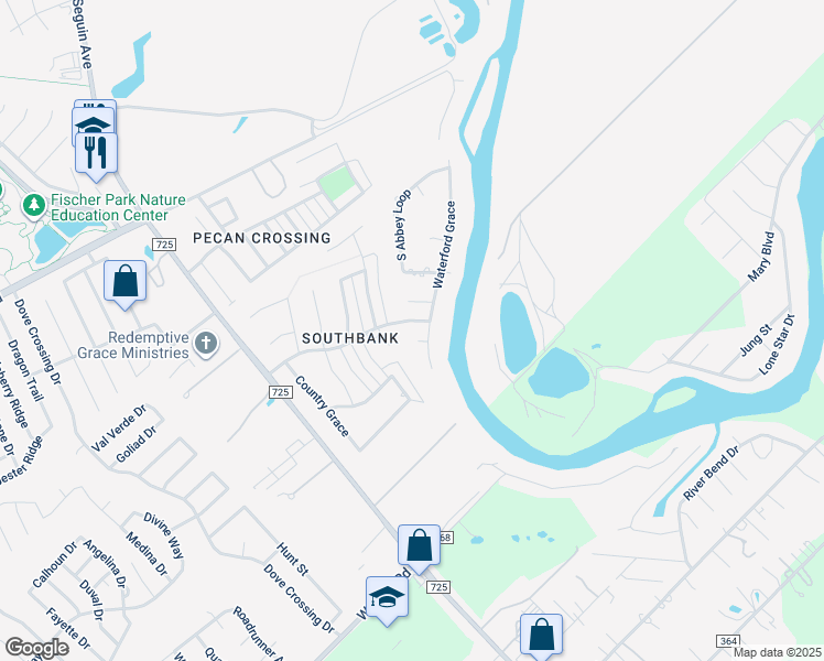 map of restaurants, bars, coffee shops, grocery stores, and more near 112 Dover Grace in New Braunfels