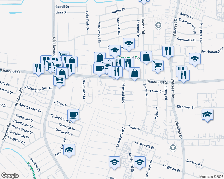 map of restaurants, bars, coffee shops, grocery stores, and more near 9700 Leawood Boulevard in Houston