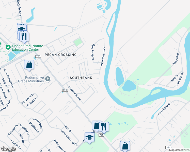 map of restaurants, bars, coffee shops, grocery stores, and more near 112 Dover Grace in New Braunfels