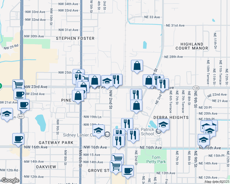 map of restaurants, bars, coffee shops, grocery stores, and more near 125 Northwest 23rd Avenue in Gainesville