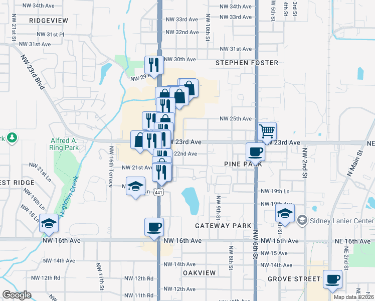 map of restaurants, bars, coffee shops, grocery stores, and more near 1121 Northwest 22nd Avenue in Gainesville