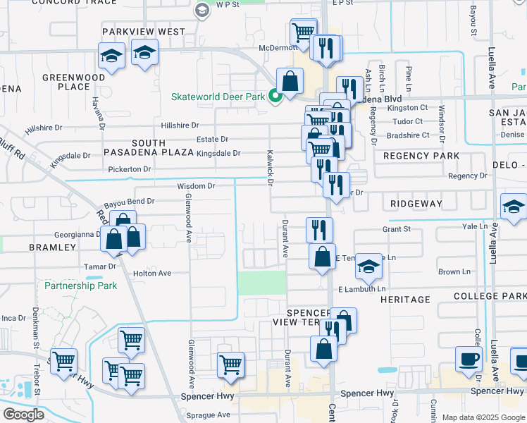 map of restaurants, bars, coffee shops, grocery stores, and more near 4200 Kalwick Drive in Deer Park