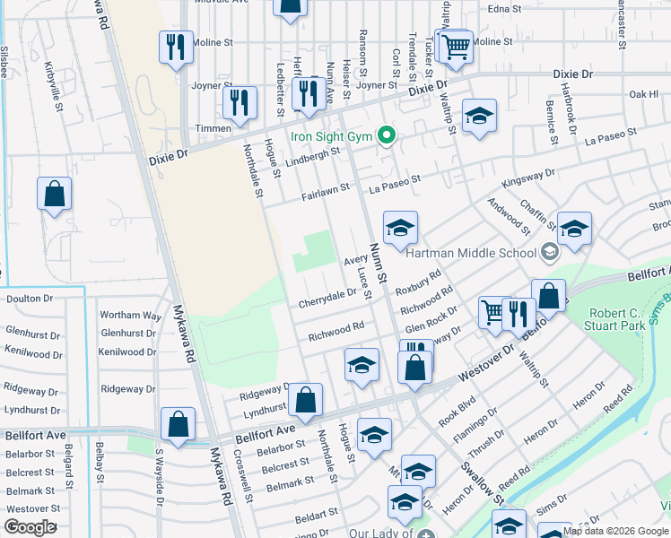 map of restaurants, bars, coffee shops, grocery stores, and more near 6302 Heffernan Street in Houston