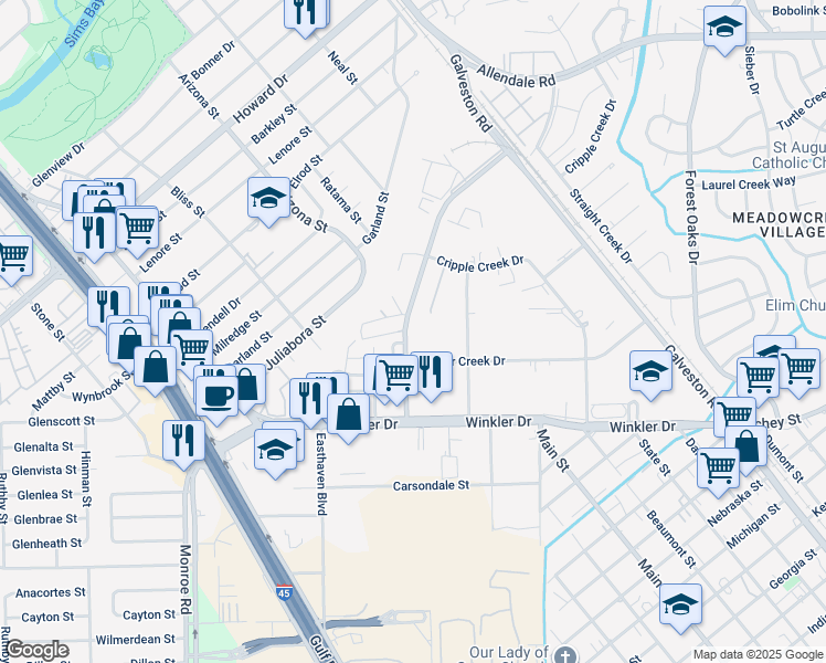 map of restaurants, bars, coffee shops, grocery stores, and more near 5712 Brookglen Drive in Houston