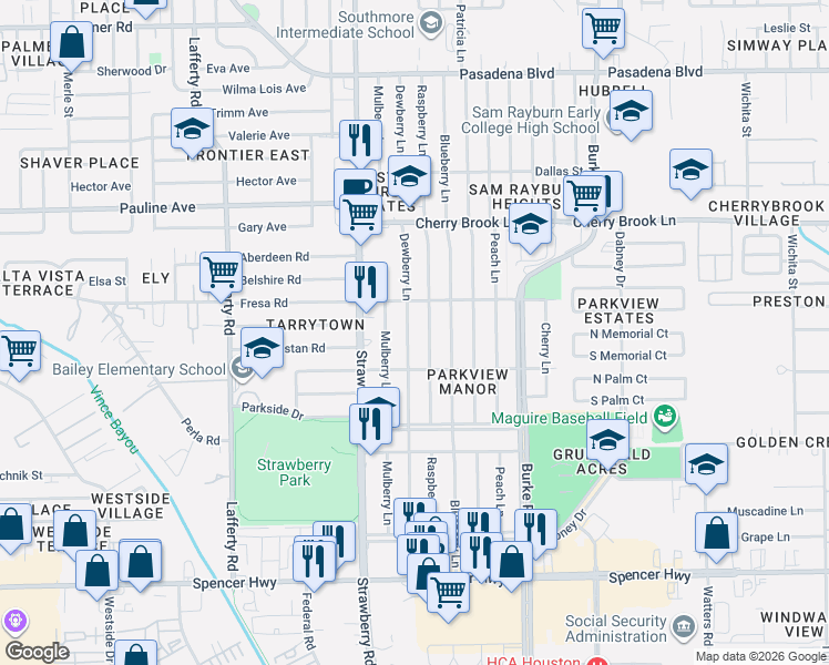 map of restaurants, bars, coffee shops, grocery stores, and more near 2608 Dewberry Lane in Pasadena