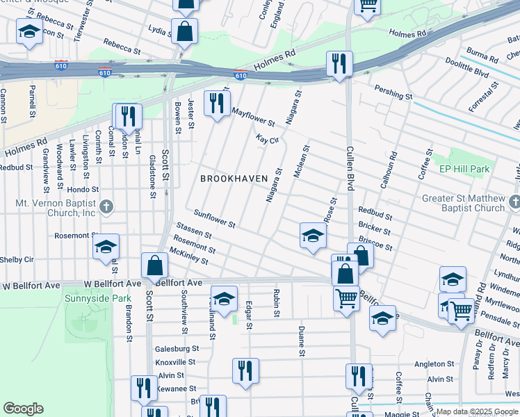 map of restaurants, bars, coffee shops, grocery stores, and more near 1212 Niagara Street in Houston