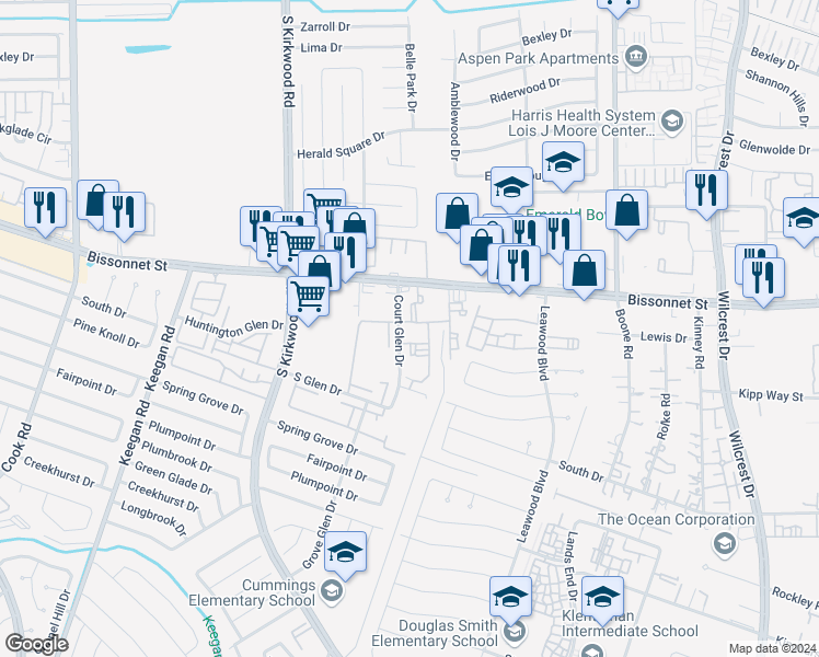 map of restaurants, bars, coffee shops, grocery stores, and more near 11555 Bissonnet Street in Houston