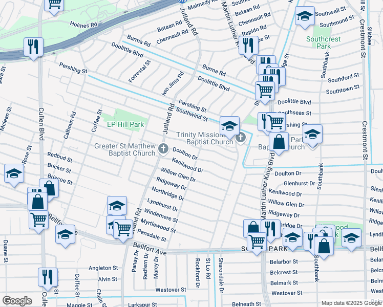map of restaurants, bars, coffee shops, grocery stores, and more near 5230 Doulton Drive in Houston