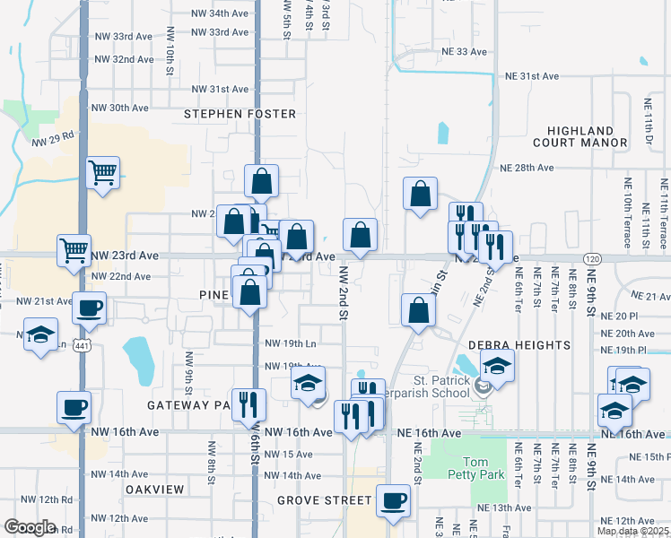 map of restaurants, bars, coffee shops, grocery stores, and more near 207 Northwest 23rd Avenue in Gainesville