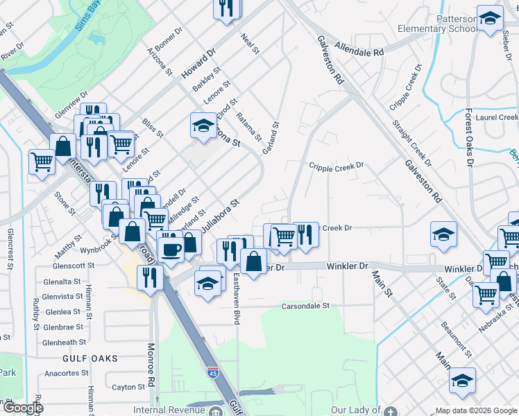 map of restaurants, bars, coffee shops, grocery stores, and more near 5803 Santa Cecilia Lane in Houston