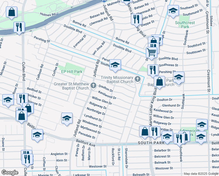 map of restaurants, bars, coffee shops, grocery stores, and more near 5230 Doulton Drive in Houston