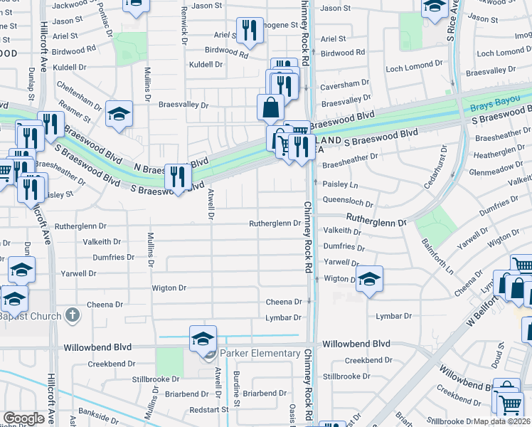 map of restaurants, bars, coffee shops, grocery stores, and more near 5444 Rutherglenn Drive in Houston