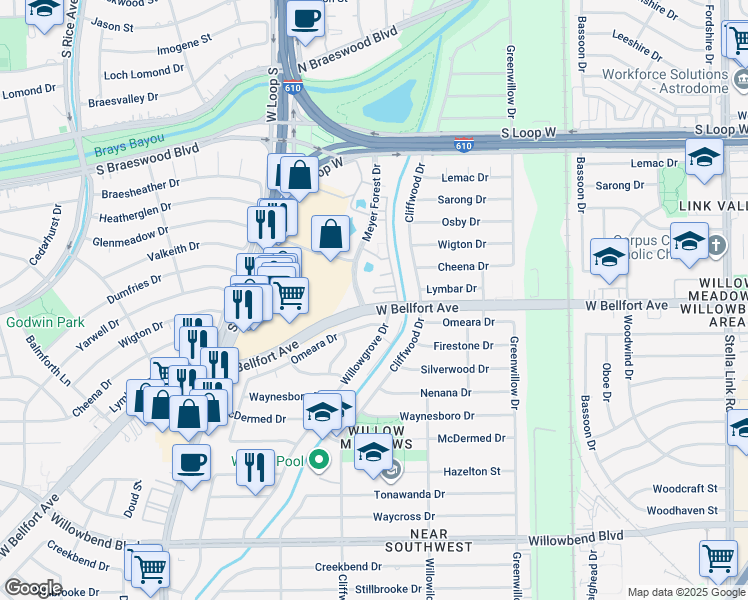map of restaurants, bars, coffee shops, grocery stores, and more near 9701 Meyer Forest Drive in Houston