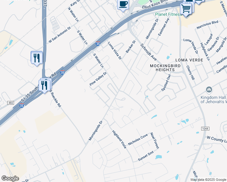 map of restaurants, bars, coffee shops, grocery stores, and more near 375 Copper Mountain in New Braunfels