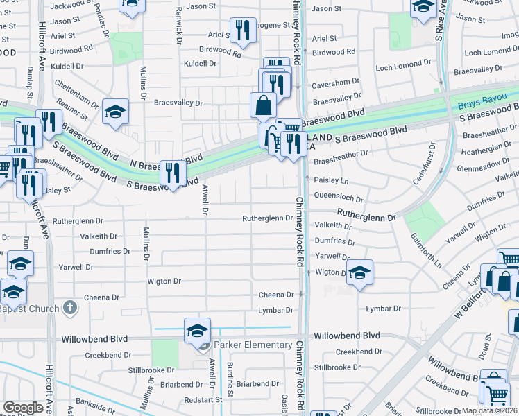 map of restaurants, bars, coffee shops, grocery stores, and more near 5444 Rutherglenn Drive in Houston