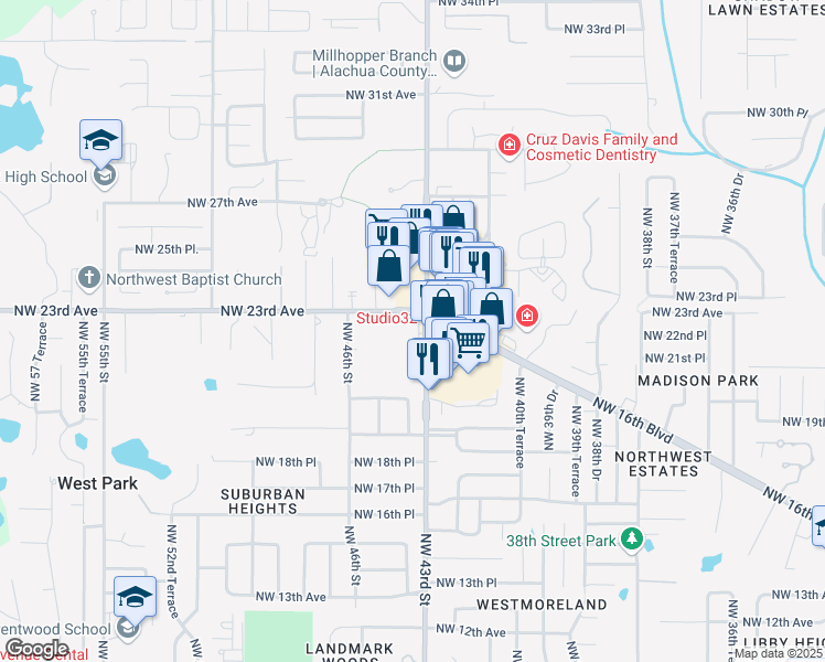 map of restaurants, bars, coffee shops, grocery stores, and more near 2172-2184 Northwest 43rd Street in Gainesville