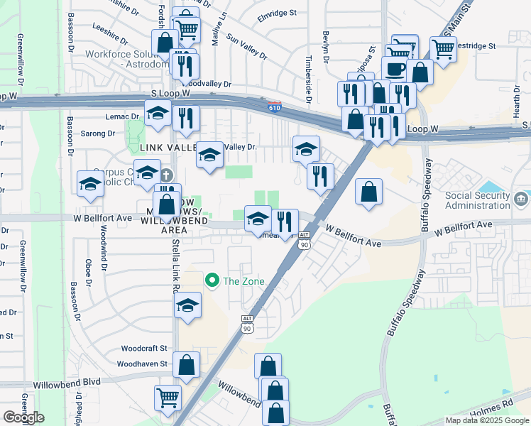 map of restaurants, bars, coffee shops, grocery stores, and more near 3600 West Bellfort Avenue in Houston