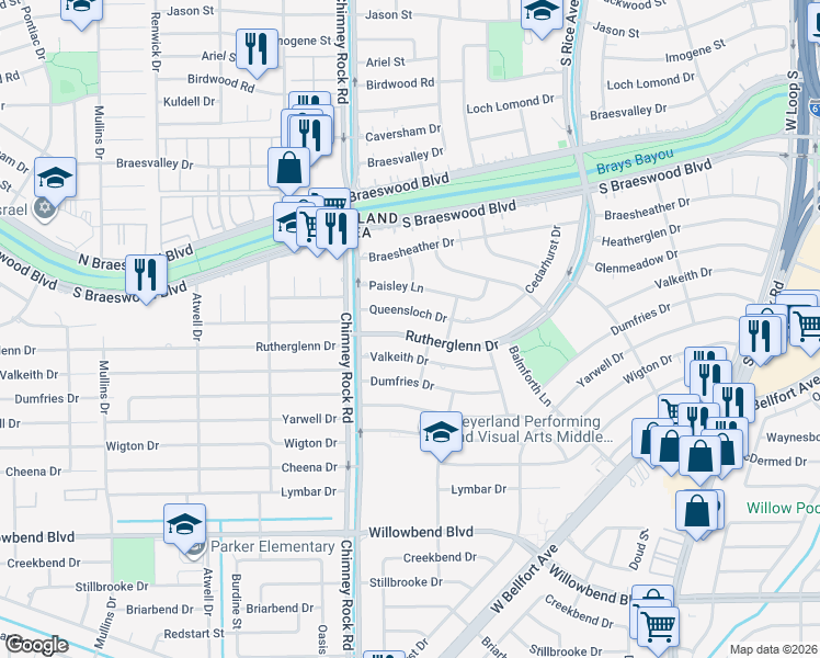 map of restaurants, bars, coffee shops, grocery stores, and more near 5331 Rutherglenn Drive in Houston