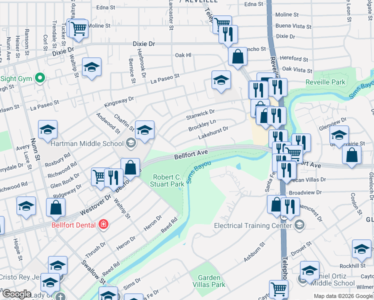map of restaurants, bars, coffee shops, grocery stores, and more near 7306 Lakehurst Drive in Houston