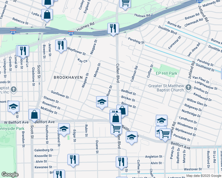 map of restaurants, bars, coffee shops, grocery stores, and more near 4614 Redbud Street in Houston