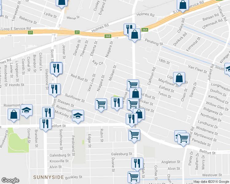 map of restaurants, bars, coffee shops, grocery stores, and more near 4530 Bricker Street in Houston