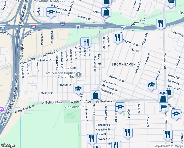 map of restaurants, bars, coffee shops, grocery stores, and more near 8207 Colonial Lane in Houston