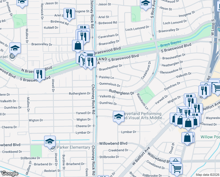 map of restaurants, bars, coffee shops, grocery stores, and more near 5331 Rutherglenn Drive in Houston