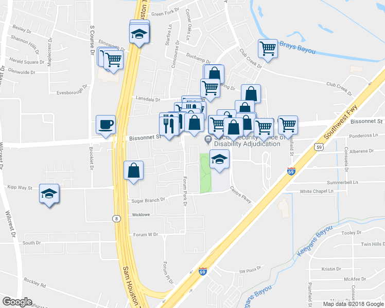 map of restaurants, bars, coffee shops, grocery stores, and more near 9701 Forum Park Drive in Houston