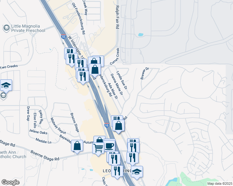 map of restaurants, bars, coffee shops, grocery stores, and more near 25015 Danna Marie Drive in San Antonio