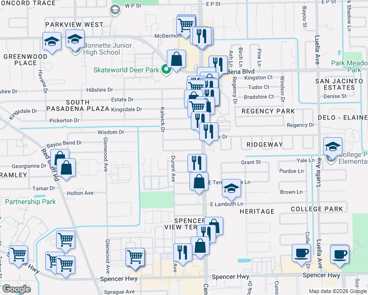 map of restaurants, bars, coffee shops, grocery stores, and more near 2722 Coy Drive in Deer Park