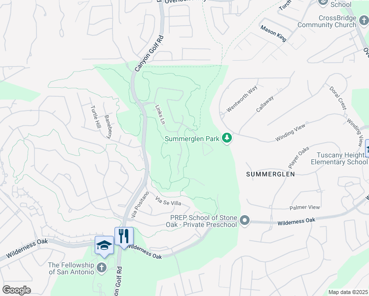 map of restaurants, bars, coffee shops, grocery stores, and more near 24914 Shinnecock Trail in San Antonio