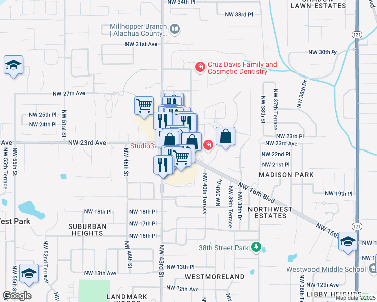 map of restaurants, bars, coffee shops, grocery stores, and more near 4100 Northwest 16th Boulevard in Gainesville