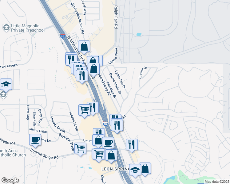 map of restaurants, bars, coffee shops, grocery stores, and more near 25015 Danna Marie Drive in San Antonio