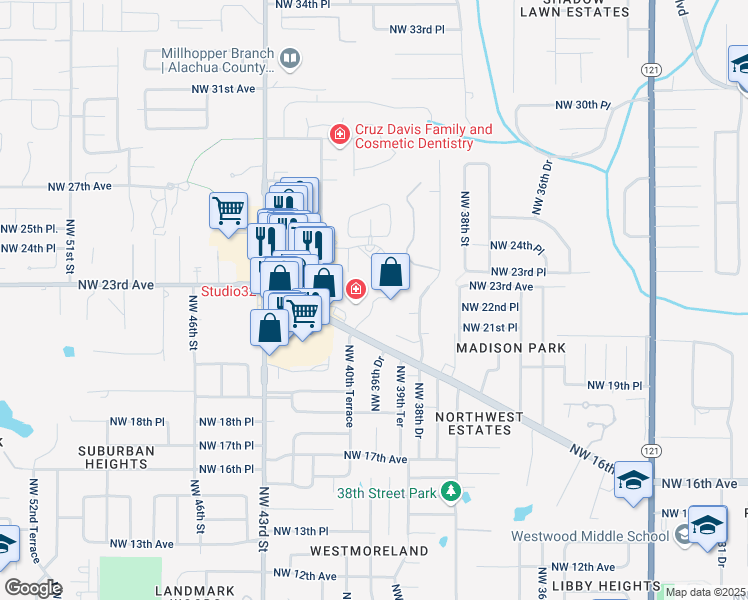 map of restaurants, bars, coffee shops, grocery stores, and more near 2201 Northwest 40th Terrace in Gainesville